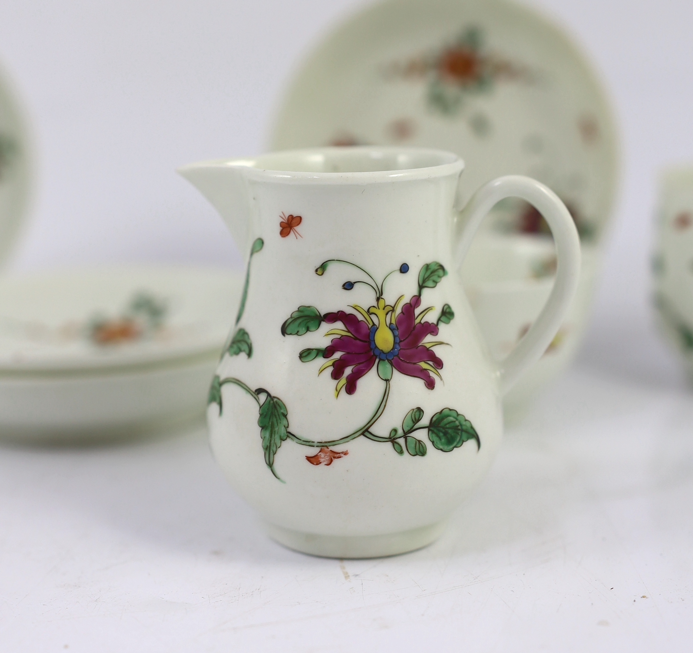 A Worcester ‘Honeysuckle’ pattern part tea and coffee set, c.1755-60, slight faults